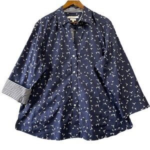 Foxcroft Easy Care Birds 3/4 Sleeve Top Womens XXL Navy Blue Nautical Preppy